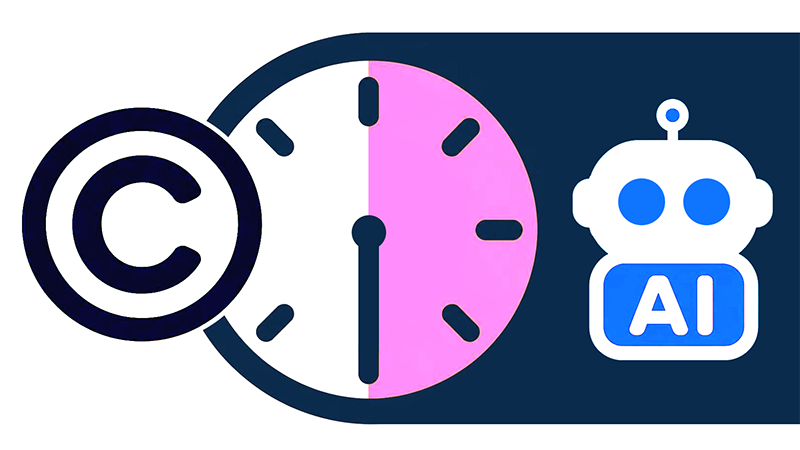 icons of copyright, a clock and a bot