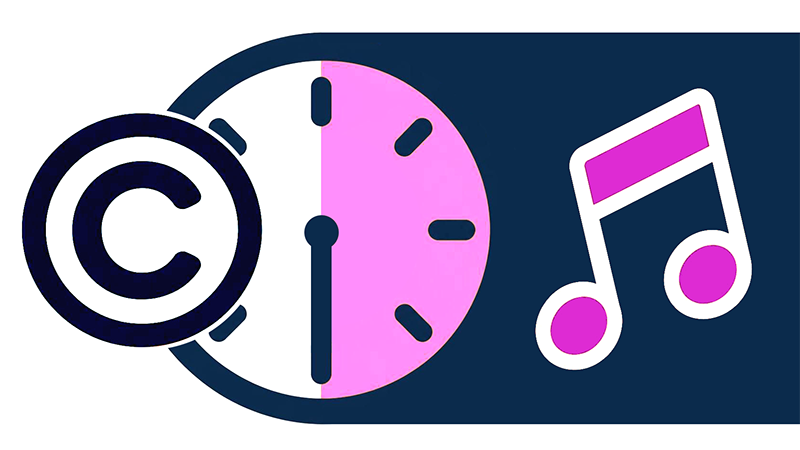 copyright icon, clock face and musical notes